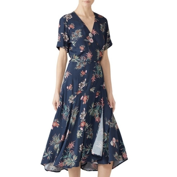 Fifteen Twenty Navy Blue Floral Wrap Midi Dress Size S - Picture 1 of 9